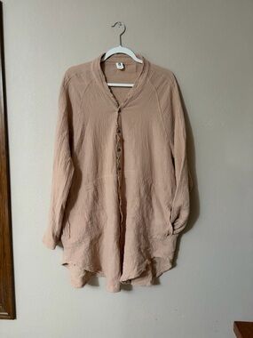 Flawless Oversized Cotton Gauze Button Down Tunic Shirt Beige size XL